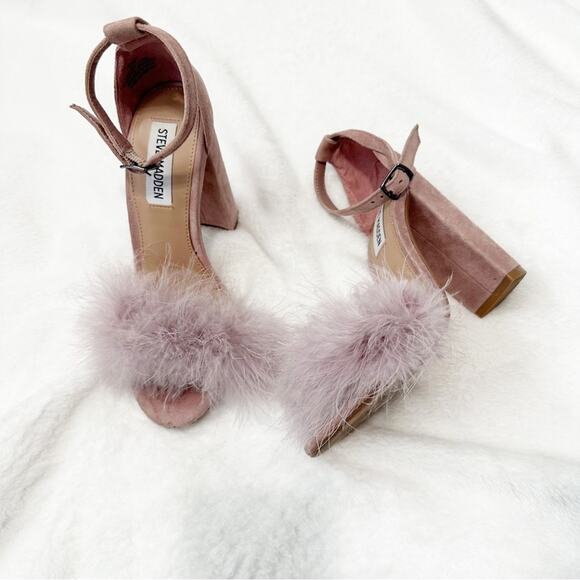 Steve Madden Carabu pink suede leather feather heels size 5.5 peep toe - Picture 2 of 8